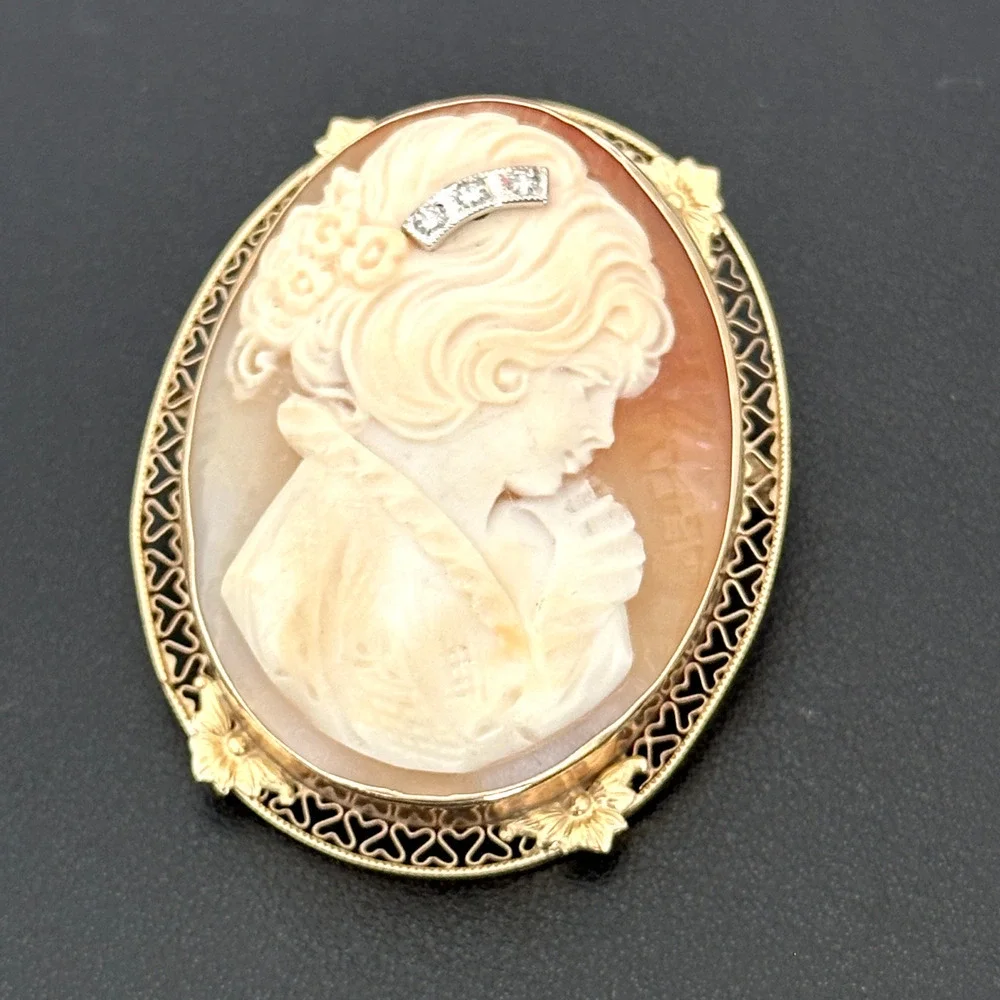 Vintage 14K Yellow Gold Large Hand Carved Shell Cameo Diamond Brooch Pin Pendant